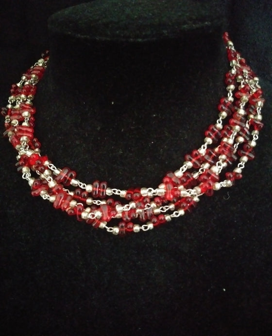 Red and Silver glass beaded Necklace