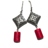 Pewter Diamond/ Dyed Red Wood Earrings