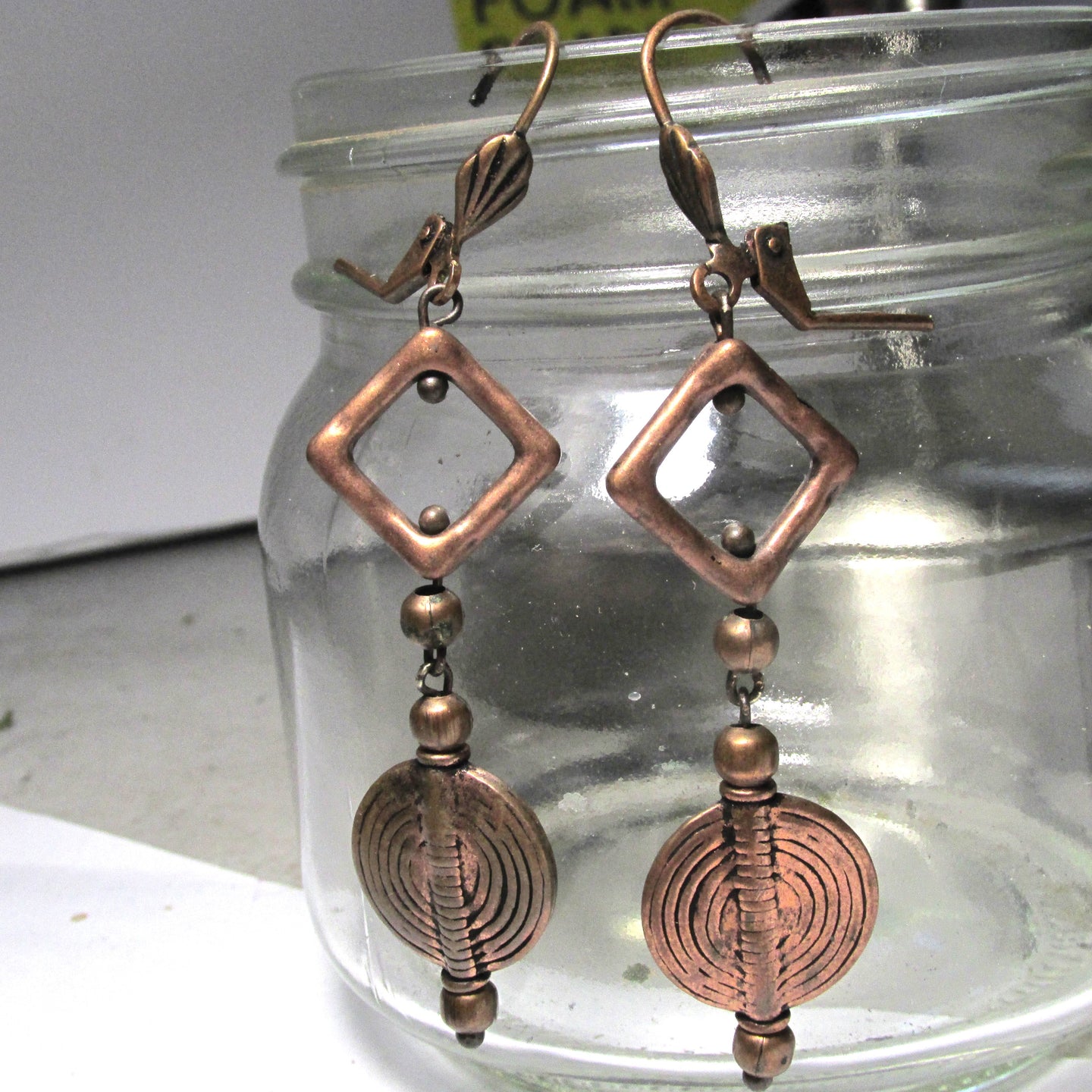 Antique Copper Diamond/Circle Chandelier Earrings