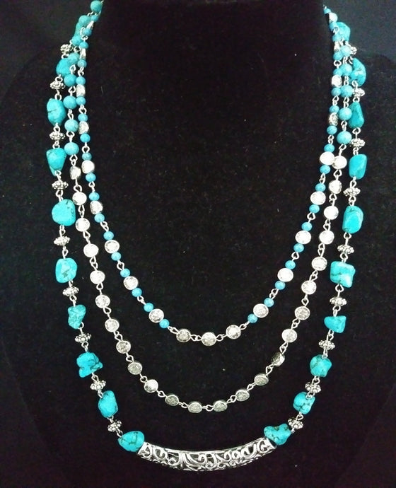 Sky Blue and Pewter Metal Necklace