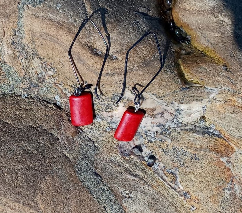 Red-Dyed Wooden Earrings